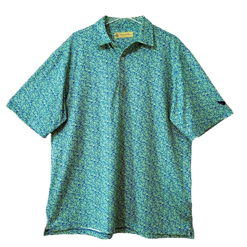 Donald Ross Blue Green Performance Polo Shirt with Bamboo Floral Print Size XL